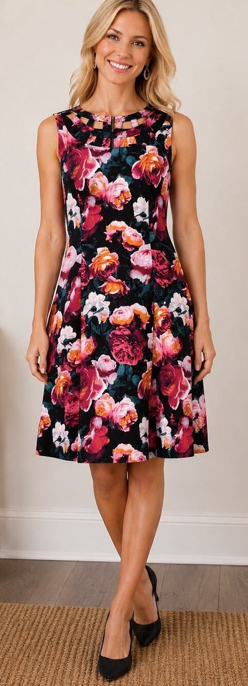 Eliza J A-Line Dress Women’s Size 12 Back Zip Cut Out Black Pink Coral Roses